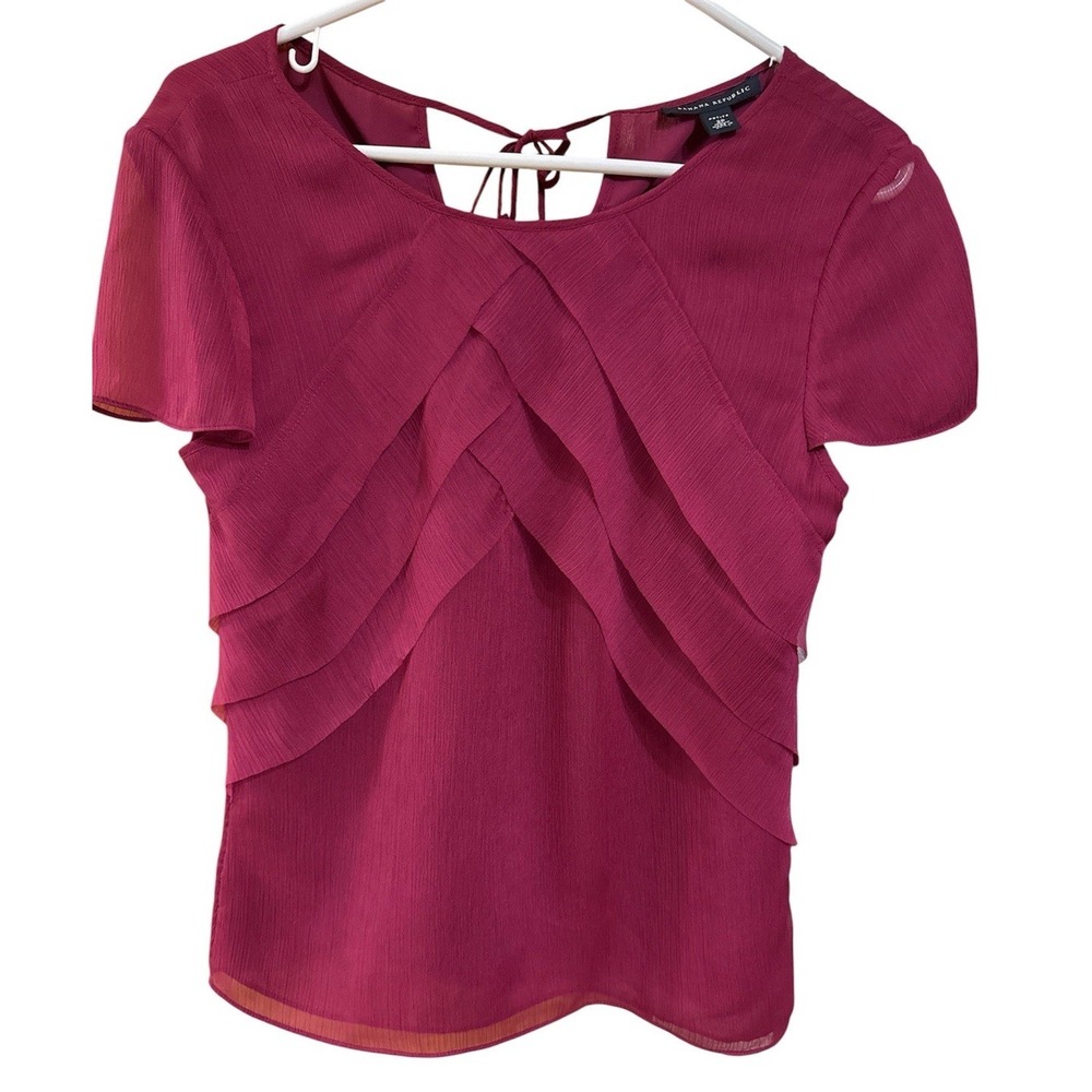 Banana Republic Petite Magenta Layered Blouse Tie‑Back Keyhole 2P‎